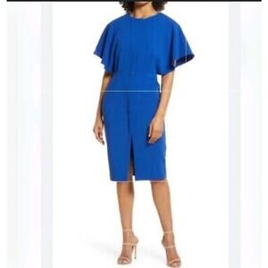 Black Halo Blue Sheath Dress size 6‎ Flutter Sleeve Fitted Stretch Crepe Holland
